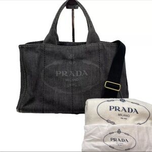 PRADA CANAPA Black Denim Canvas Tote shoulder 2way Bag medium
